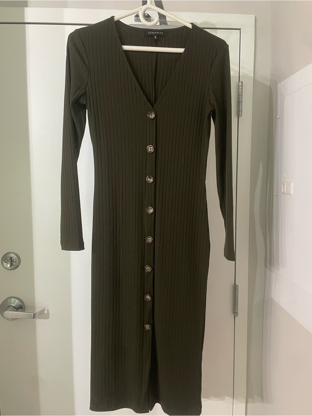 Dynamite Olive Ribbed V-Neck Button Midi Dress